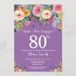 Purple Floral Surprise 80th Birthday Invitation