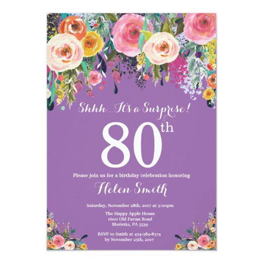 Purple Floral Surprise 80th Birthday Invitation