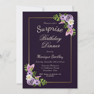 Purple Floral Surprise Birthday Dinner Invitation