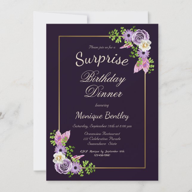 Purple Floral Surprise Birthday Dinner Invitation (Front)