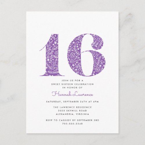 Purple Floral Sweet 16 Birthday Invitation Postcard
