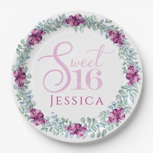 Purple Floral Sweet 16 Paper Plates