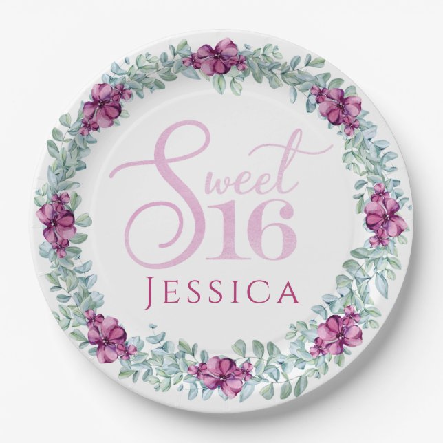 Purple Floral Sweet 16 Paper Plates (Front)