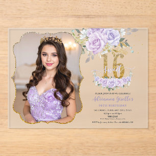 Purple Floral Sweet Sixteen 16th Birthday Photo Acrylic Invitations