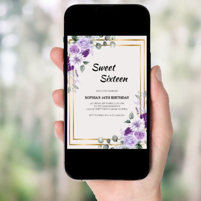 Purple Floral Sweet Sixteen with Gold Frame Invitation (Front Digital)