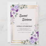 Purple Floral Sweet Sixteen with Gold Frame Invitation