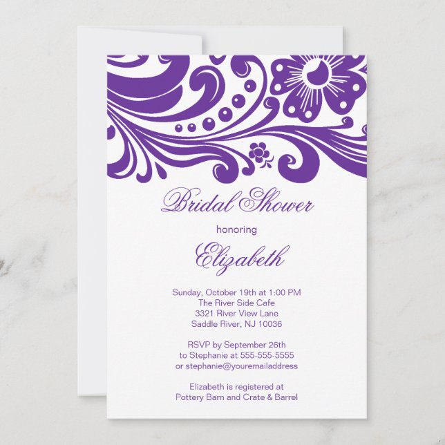 Purple Floral Swirl Bridal Shower Invitation (Front)
