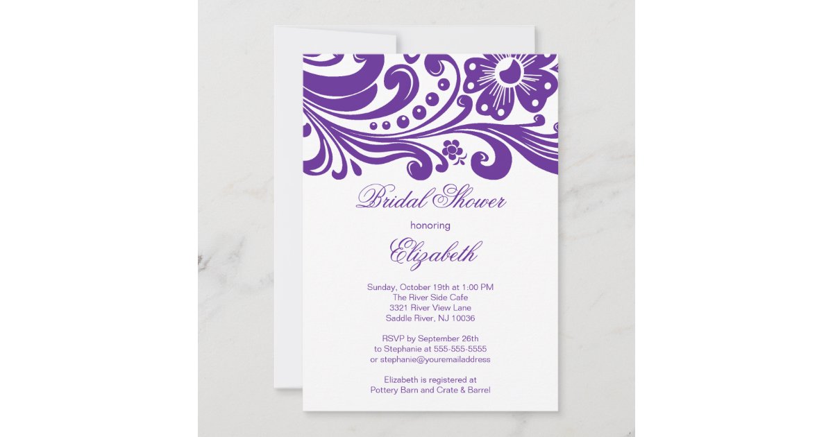 Purple Floral Swirl Bridal Shower Invitation 