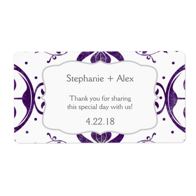 Purple Floral Swirl Wedding Water Bottle Favor Label (Front)