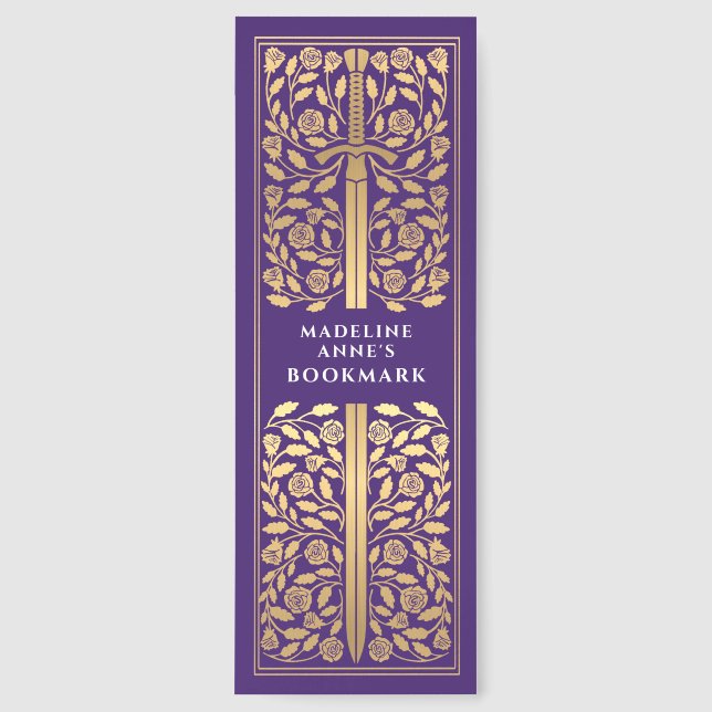Purple Floral Sword Medieval Fantasy Name Bookmarks (Front)