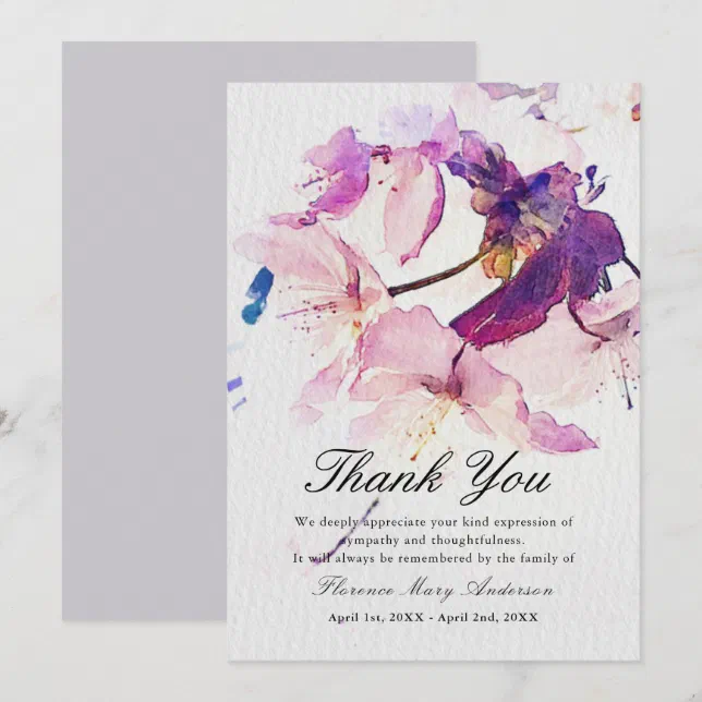 Purple Floral Sympathy Memorial Thank You Card | Zazzle