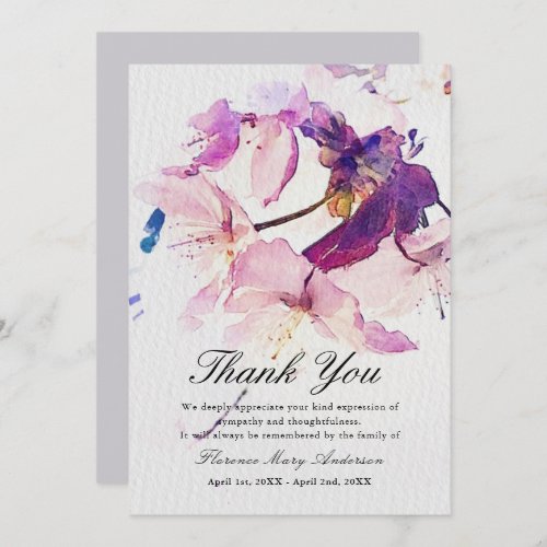 Purple Floral Sympathy Memorial Thank You Card