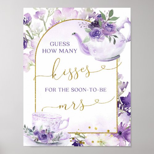 Purple Floral Tea How Many Kisses Bridal Games Poster