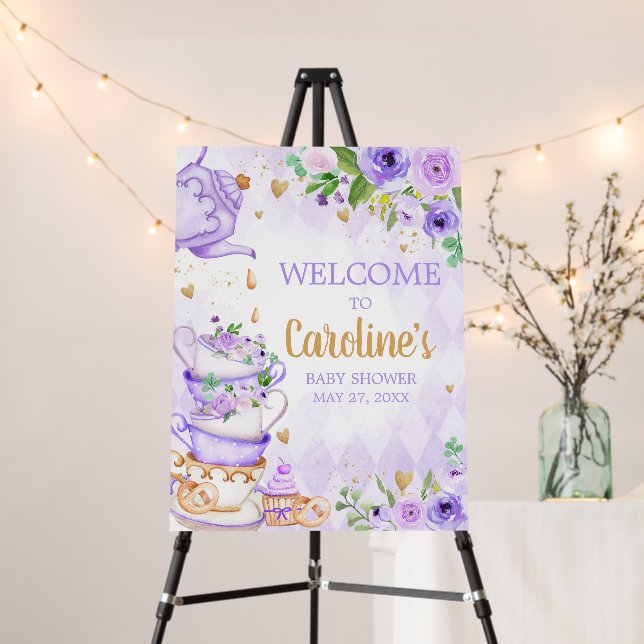 Purple Floral Tea Party Baby Shower Welcome Sign (In Situ (Stand))