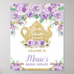 Purple Floral Tea Party Bridal Shower Welcome Sign