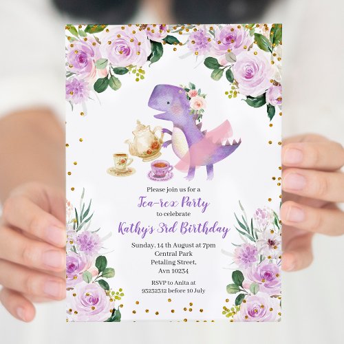 Purple Floral Tea Party Dinosaur 3rd Birthday  Invitation