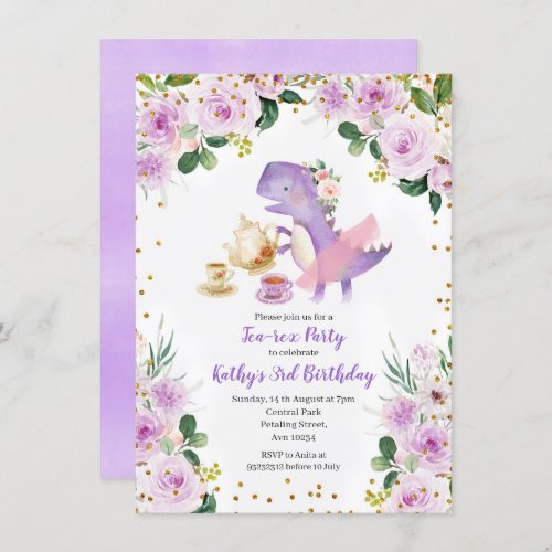 Purple Floral Tea Party Dinosaur 3rd Birthday  Invitation