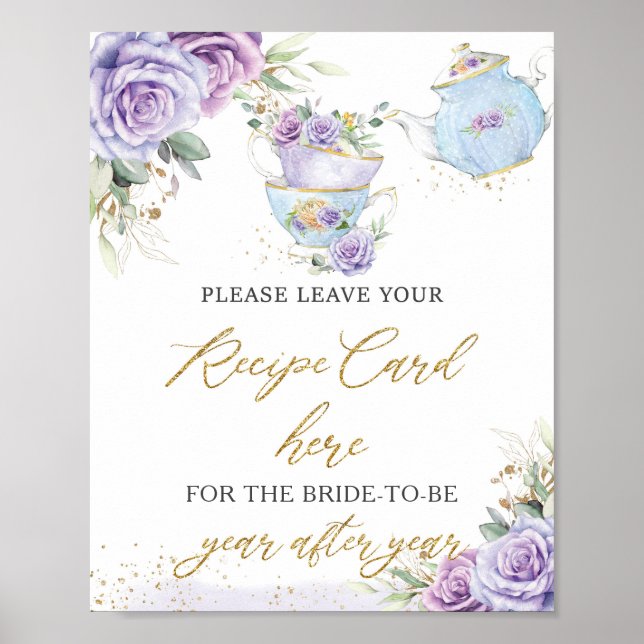 Purple Floral Tea Party Recipe for Bride Mom Sign (Front)