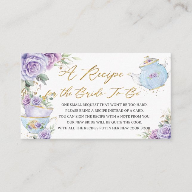 Purple Floral Tea Party Recipe for Bride to Be  Enclosure Card (Front)