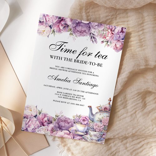 Purple Floral Tea With Bride To Be Bridal Shower Invitation