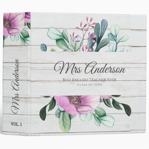 Purple Floral TEACHER Gift _ Add Name Class Year 3 Ring Binder