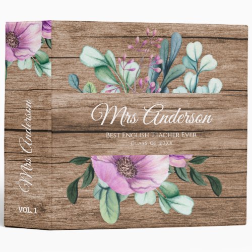 Purple Floral TEACHER Gift _ Add Name Class Year 3 Ring Binder