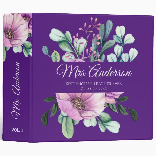 Purple Floral TEACHER Gift - Add Name Class Year 3 Ring Binder (Front/Spine)