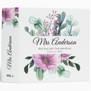 Purple Floral TEACHER Gift - Add Name Class Year 3 Ring Binder