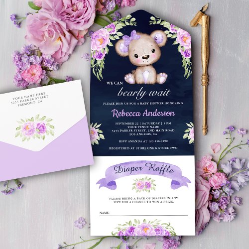 Purple Floral Teddy Bear Navy Blue Baby Shower All In One Invitation