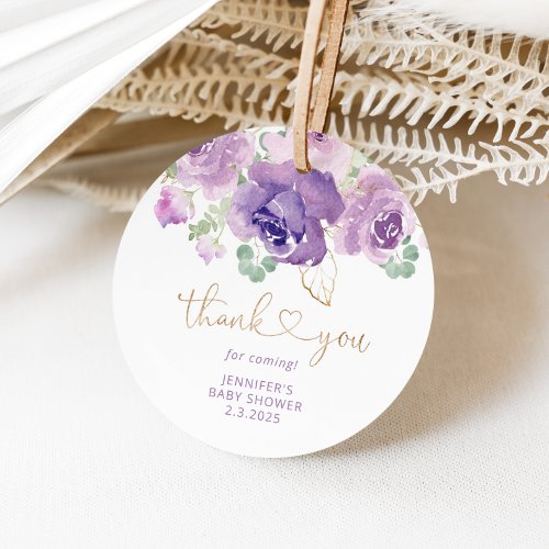 Purple floral thank you baby shower favor tags