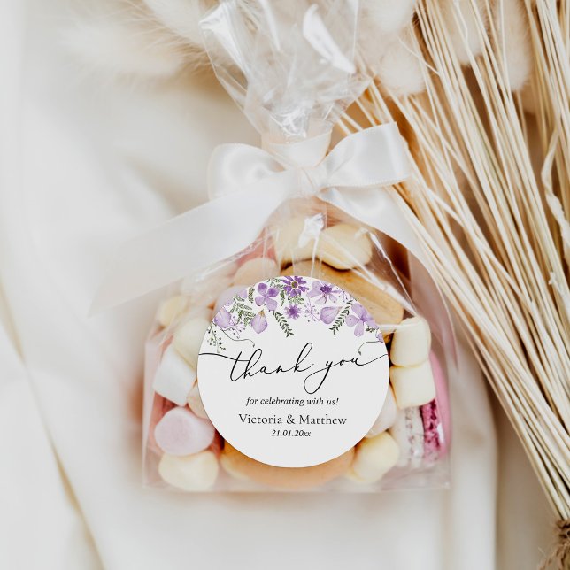 Purple Floral Thank You Wedding Favor Sticker (Creator Uploaded)