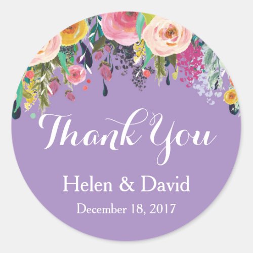 Purple Floral Thank You Wedding Favour Stickers