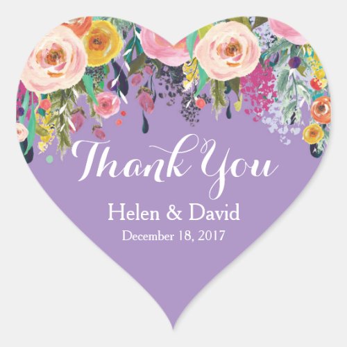 Purple Floral Thank You Wedding Favour Stickers