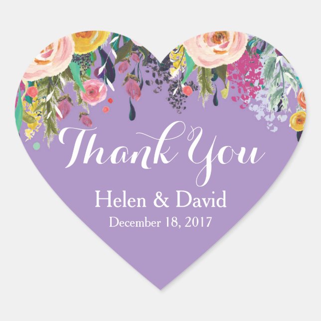 Purple Floral Thank You Wedding Favour Stickers (Front)