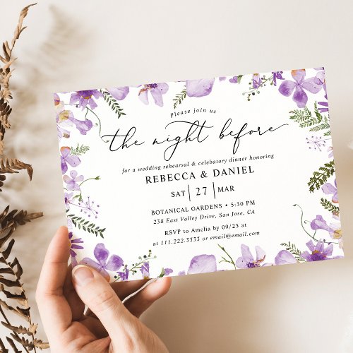Purple Floral The Night Before Rehearsal Dinner Invitation