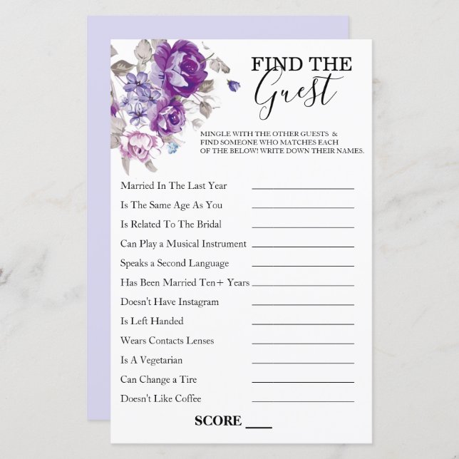 Purple Floral Theme Find The Guest Game (Front/Back)