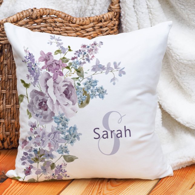 Purple Floral Throw Pillow (Watercolor Purple Lilac Monogrammed Floral Throw Pillow)