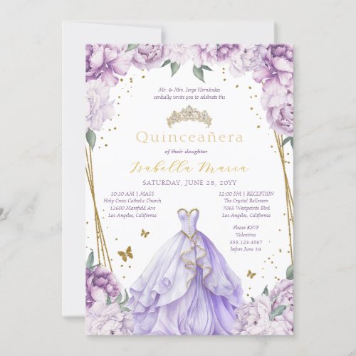 Purple Floral Tiara  Dress Quinceaera Invitation