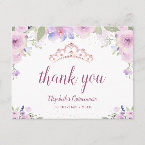 purple floral tiara quinceanera thank you card