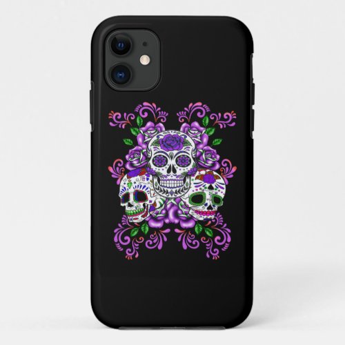 Purple Floral Triple Sugar Skull Day Of The Dead iPhone 11 Case