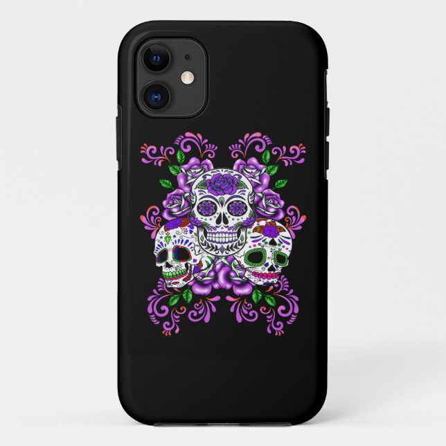 Purple Floral Triple Sugar Skull Day Of The Dead Case-Mate iPhone Case (Back)