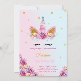 Purple Floral Unicorn birthday invitation