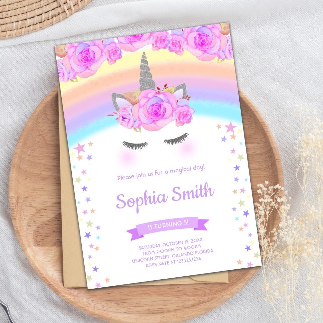 Purple Floral Unicorn Birthday Invitations (Purple Floral Unicorn Birthday Invitations)