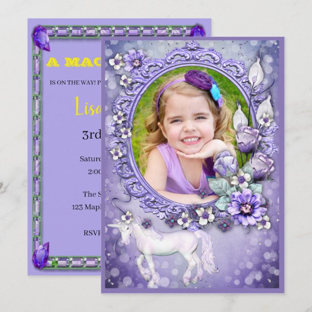 Purple Floral Unicorn Photo Birthday Party Invitation (Front/Back)