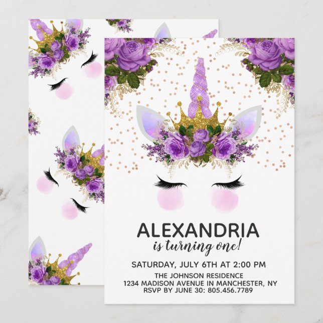 Purple Floral Unicorn Princess Birthday Invitation (Front/Back)