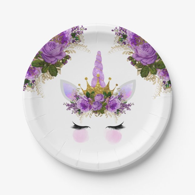 Purple Floral Unicorn Princess Paper Plates (Front)