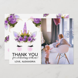 Purple Floral Unicorn Princess Thank You Invitation