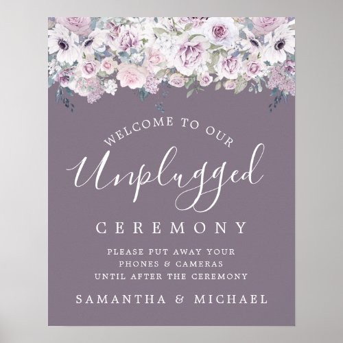 Purple Floral Unplugged Wedding Ceremony Sign