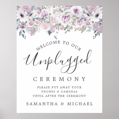 Purple Floral Unplugged Wedding Ceremony Sign