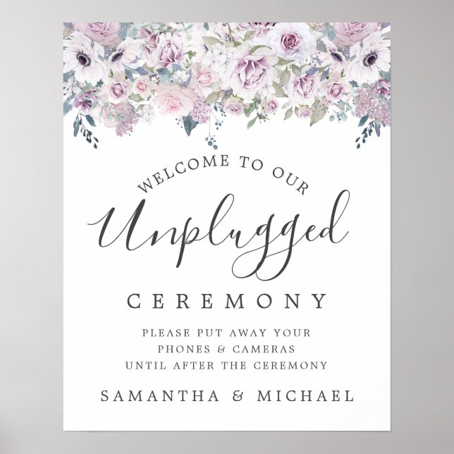 Purple Floral Unplugged Wedding Ceremony Sign (Front)